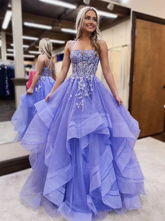 Shiny A Line Open Back Fluffy Lilac Lace Long Prom Dresses, Lilac Lace Formal Dresses, Lilac Evening Dresses