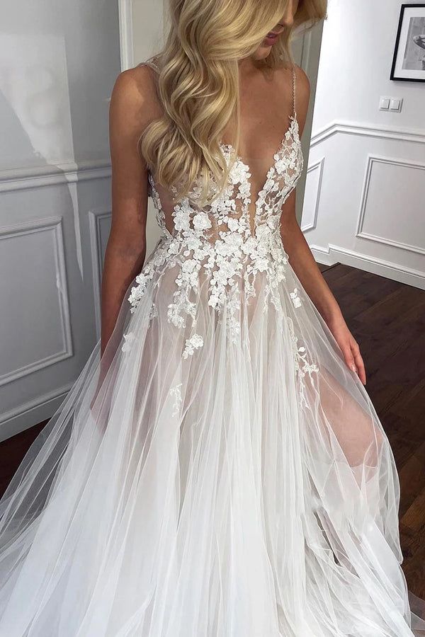 Spaghetti Straps V-Neck Lace Appliques A-line Tulle Rustic Wedding Dress With Slit