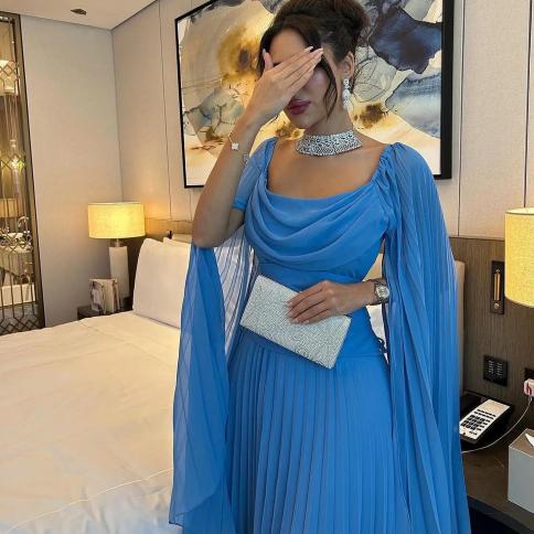 Elegant Blue Chiffon Prom Dresses,A-Line Ankle Length Party Dress