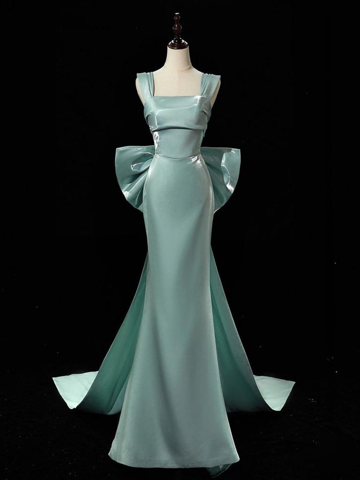 Simple Satin Bow Tie Green Long Prom Dress, Green Long Formal Dress