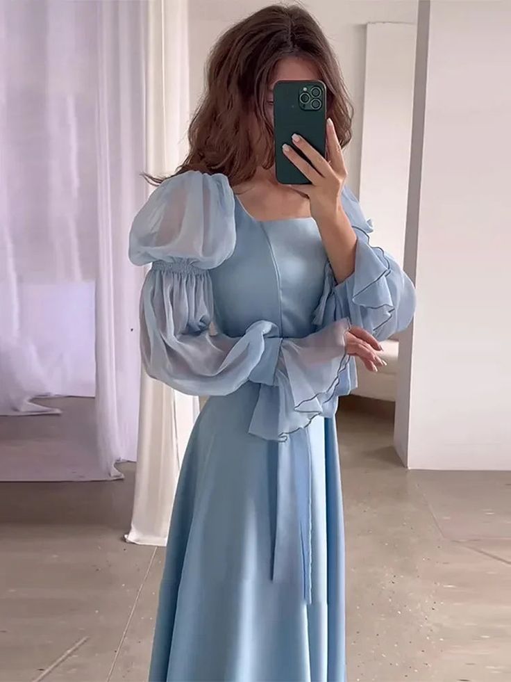 Light Blue Puff Sleeves Long Evening Dress