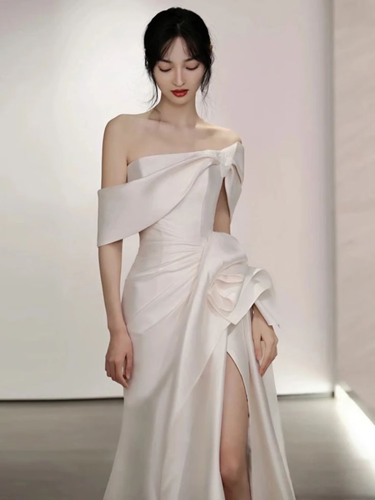 Off-The-Shoulder Satin High Split Twist Front Train Dresses For Wedding