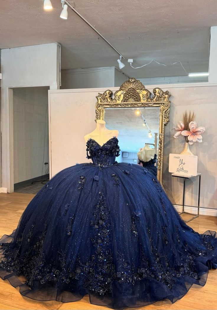 Navy Blue Mexican Quinceanera Dress Floral Applique Beaded Crystal Corset Sweet 16 Dress