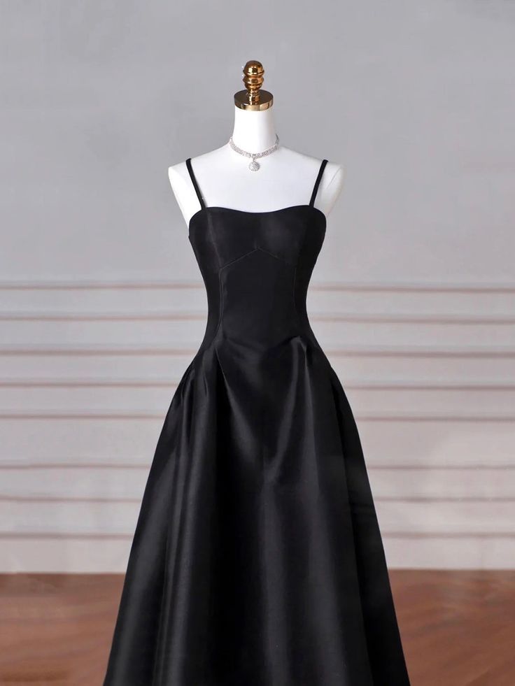Elegant Black A Line Satin Long Prom Dress Formal Evening Dress