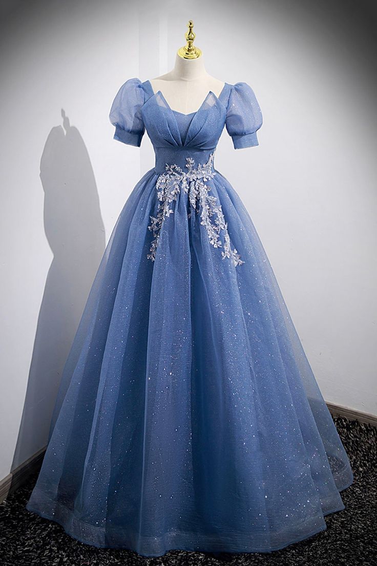 Tulle Lace Floor Length Prom Dress, Short Sleeve Evening Dress