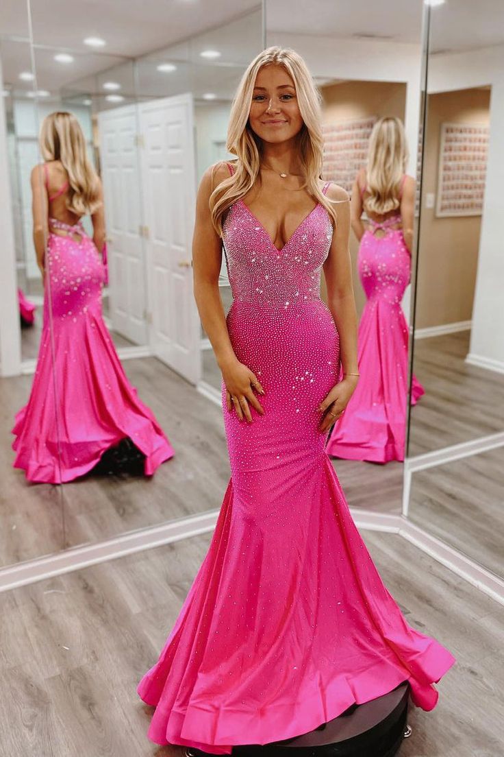 Hot Pink V Neck Satin Mermaid Long Prom Dresses with Beaded