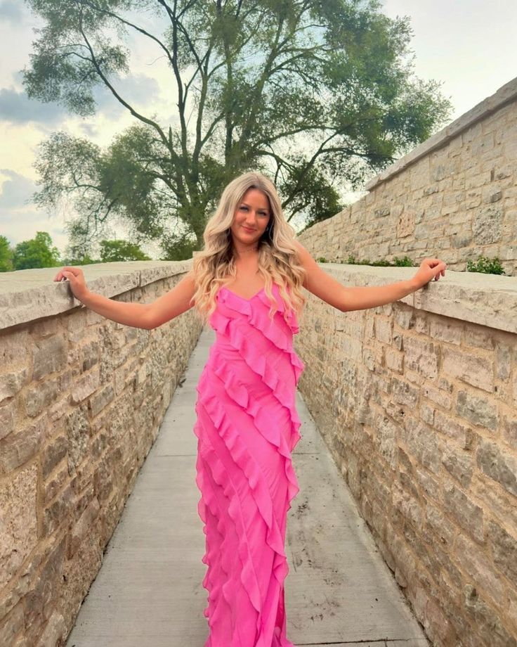 Pink Chiffon Ruffle Party Dress Long Prom Dress