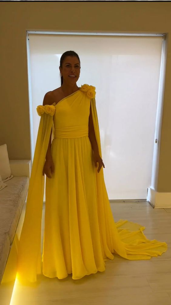 Vintage Long One Shoulder Evening Desses With Flower A-Line Floor Length Sweep Train Prom Dresses for Women