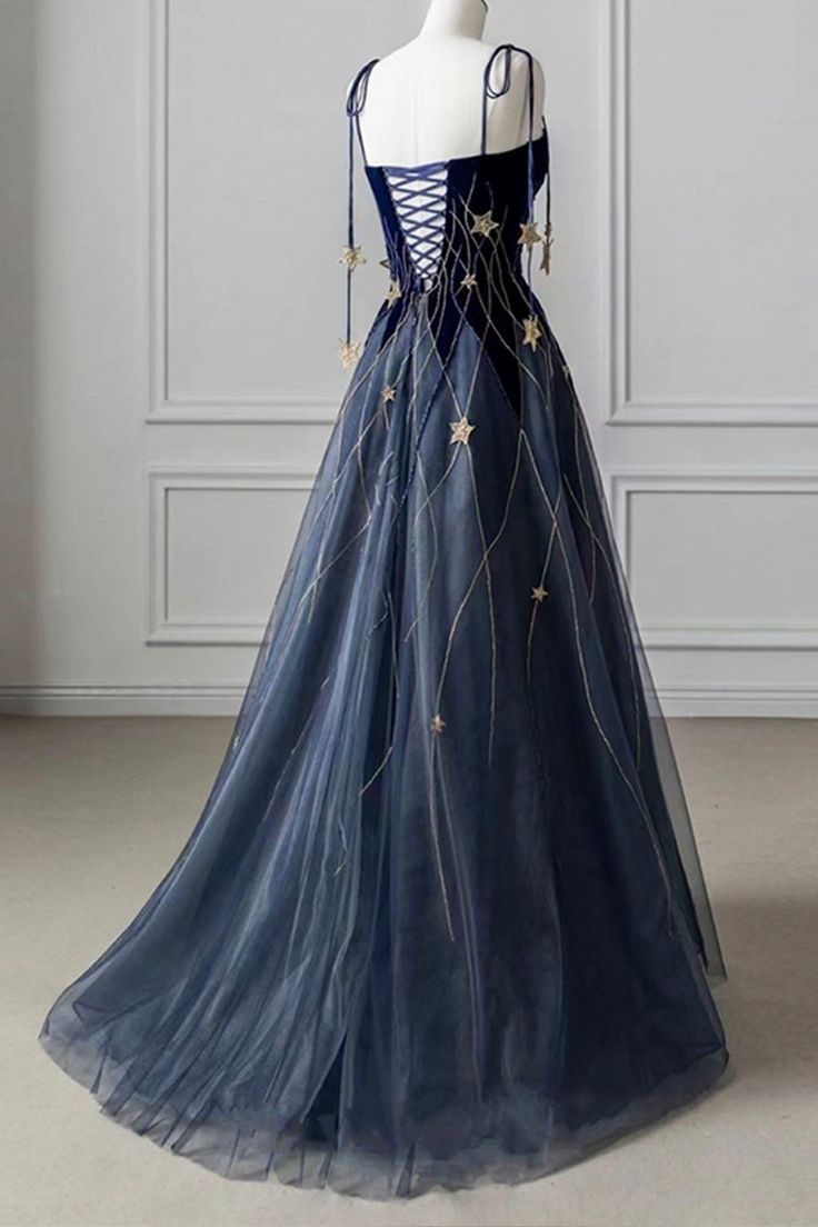 Spaghetti Strap Long Prom Dress with Star, Evening Party Dress