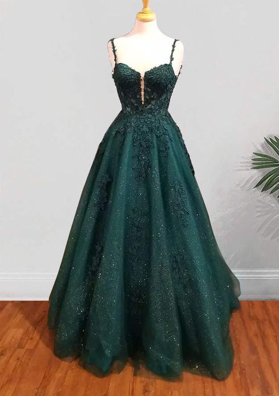 A-line Spaghetti Straps Long/Floor-Length Tulle Prom Dress With Beading Glitter Appliqued