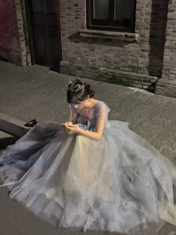 tulle long A line prom dress evening dress