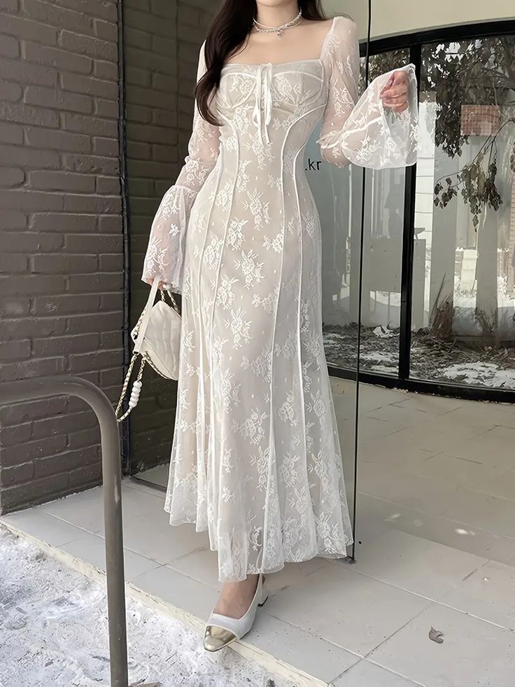 Women's A-line Lace Long Simple Dress, Sexy Elegant Vintage Evening Dress
