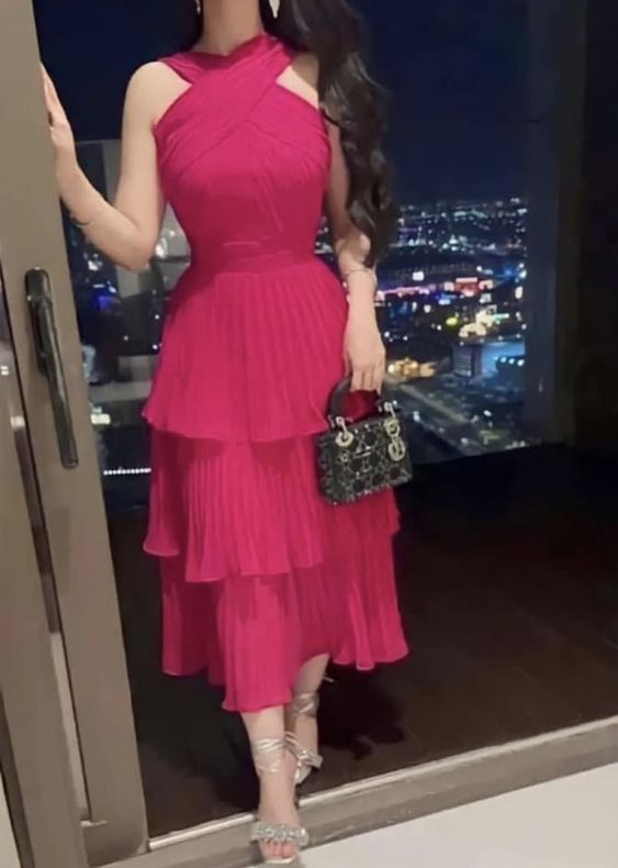 Fuchsia long pleated evening dress, cocktail dress, special occasion dress