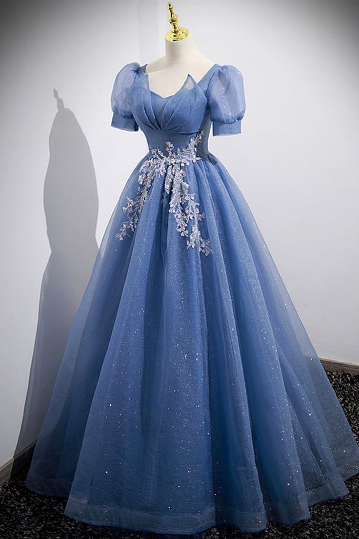 Tulle Lace Floor Length Prom Dress, Short Sleeve Evening Dress