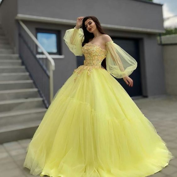 A line Tulle Long Prom Dress, Yellow Ball Gown Evening Dress