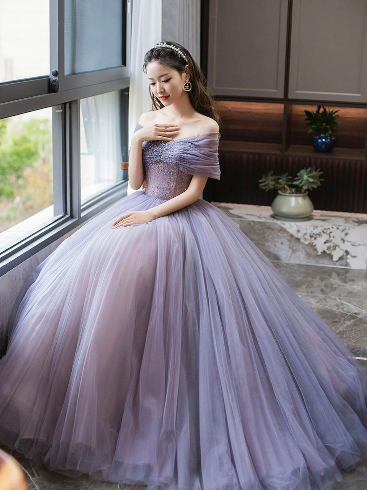 Purple A-Line Off Shoulder Tulle Beading Long Prom Dress