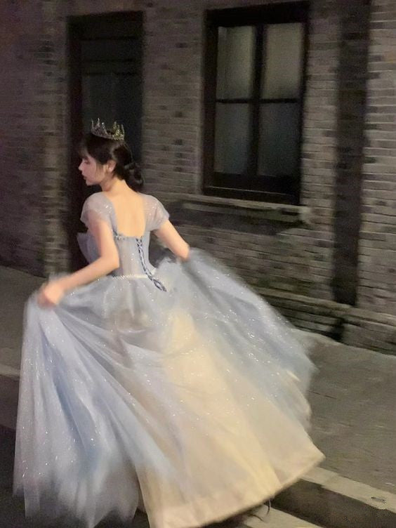 tulle long A line prom dress evening dress
