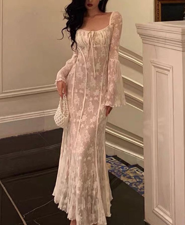 Women's A-line Lace Long Simple Dress, Sexy Elegant Vintage Evening Dress