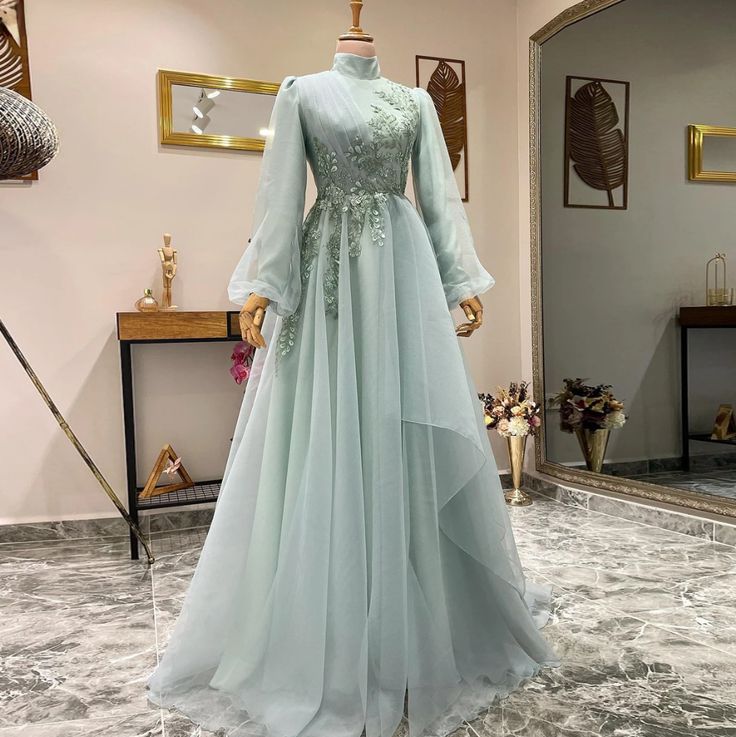 A-line Evening Gowns For Women Formal Elegant Beading Flowers Tulle Muslim Prom Dresses
