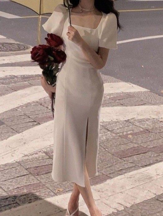 Square Neck Midi Prom Dress, White Evening Party Dress