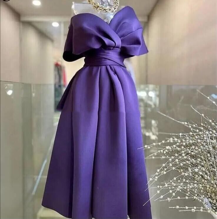 Gorgeous Cocktail Dress for Women Satin Pleated Sexy V Neck Off Shoulder Princess Prom Dresses