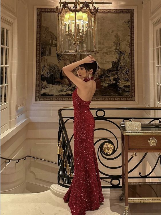 Mermaid Burgundy Halter Sequin Prom Dress, Sequin Evening Dress