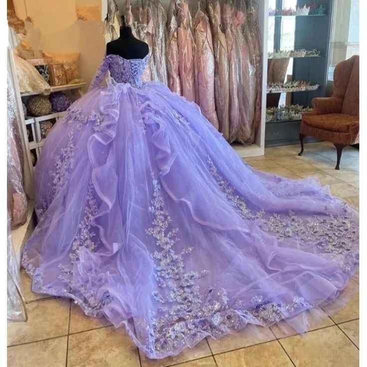 Lilac Quinceanera Dresses Long Sleeve 3D Flowers Appliques Lace-Up Prom Sweet 16 Princess Dresse Vestidos De 15 Anos