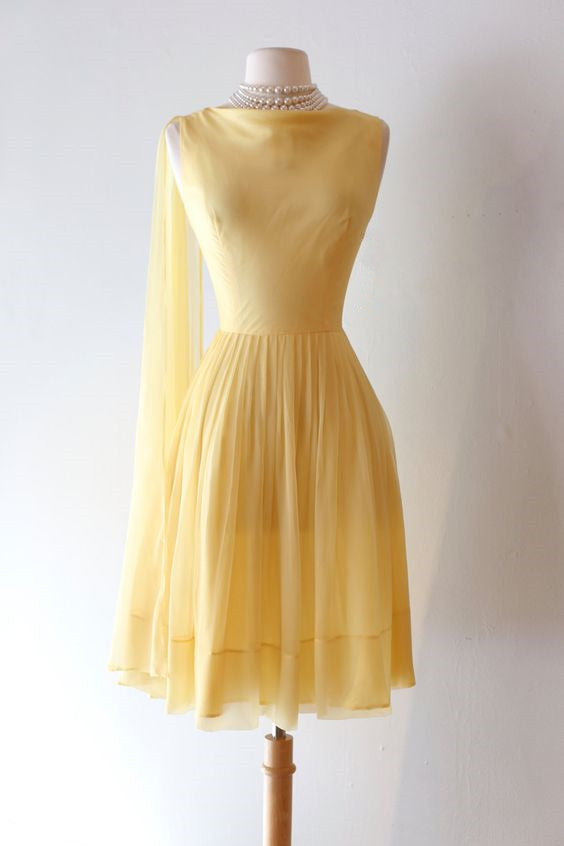Chiffon Party Dress Vintage 60s Pale Yellow Cocktail Dress With Trailing Shoulder Sash