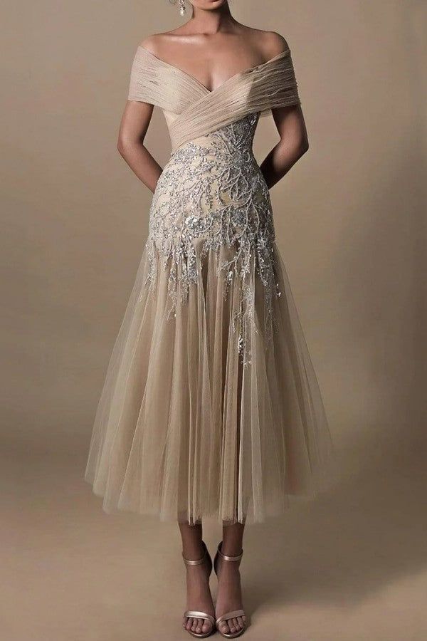 Elegant Lace Appliques Women's Prom Dress Fashion Off Shoulder A-line Princess Sleeveless Dress