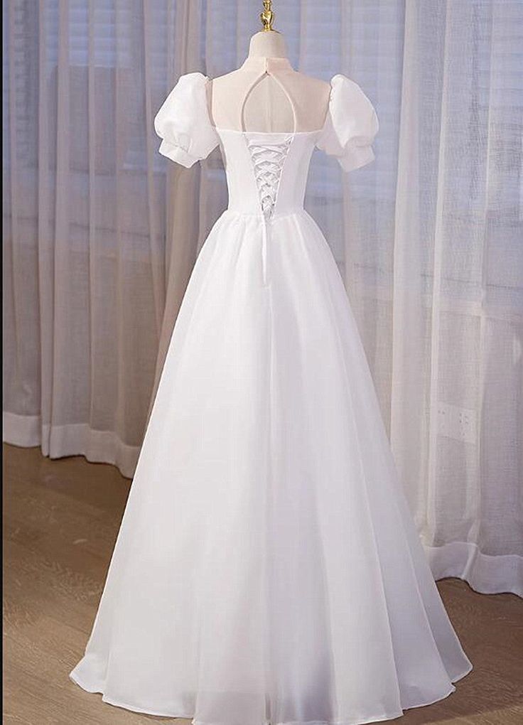 High Neckline A-line Short Sleeves Party Dress, Long Formal Dress