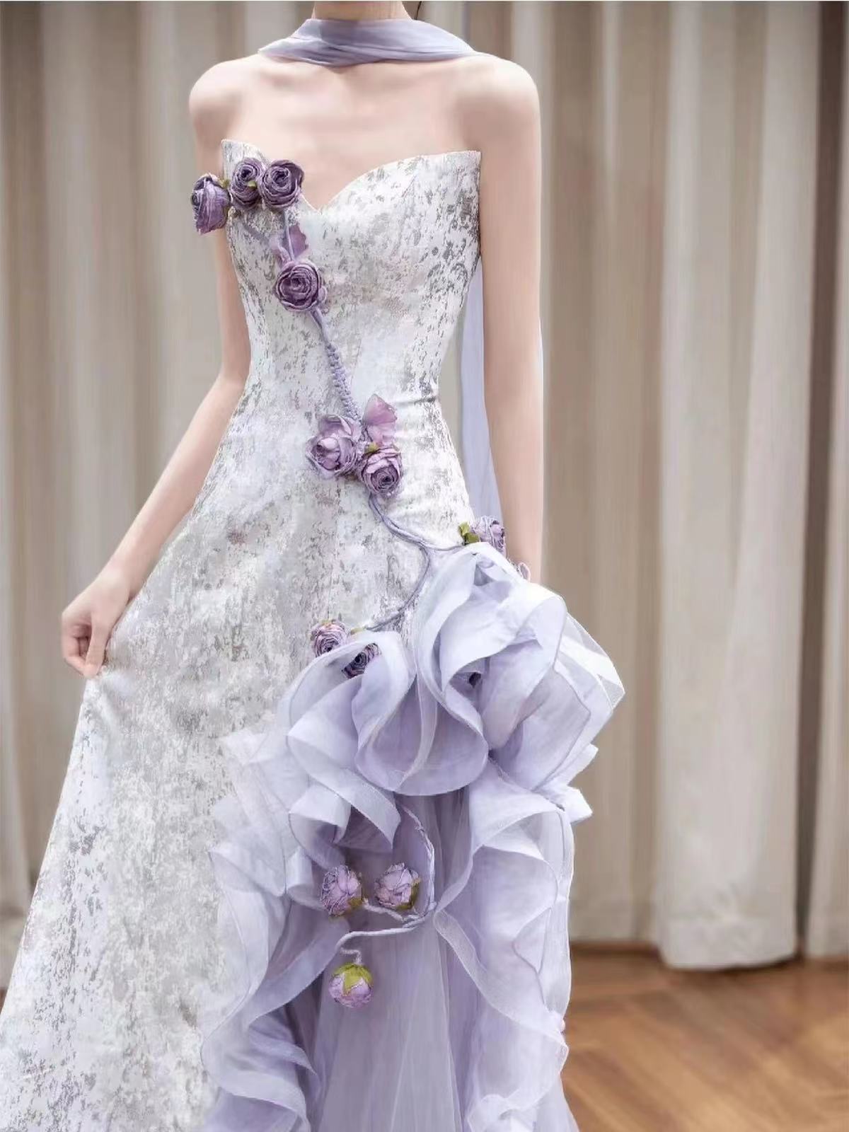 Lilac Strapless Long Prom Dresses Vintage Formal Evening Dress