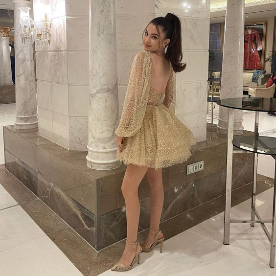 Sparkly Gold Short Homecoming Dresses Mini Skirt Puff Long Sleeves Short Prom Dresses