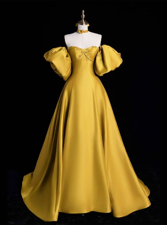 Yellow Satin Lace Long Prom Dress, Beautiful A-Line Off the Shoulder Evening Party Dress