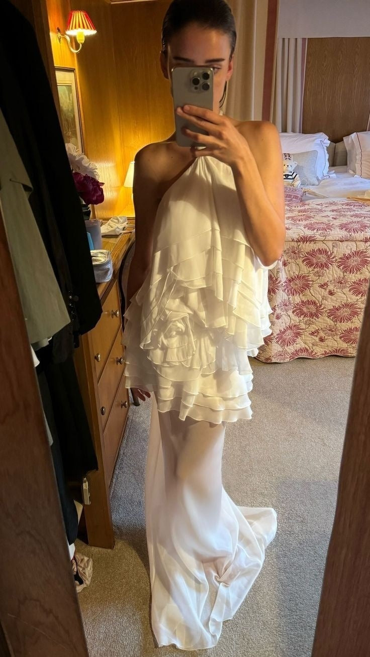 White Halter Chiffon Long Prom Dresses New Arrive Party Dress Evening Dress