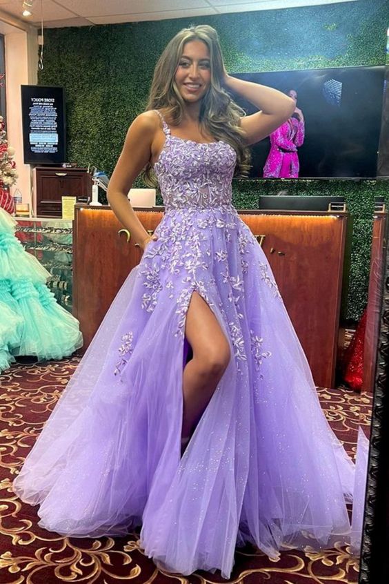 Shiny Purple Lace Long Prom Dress with High Slit, Purple Lace Formal Dress, Purple Evening Dress