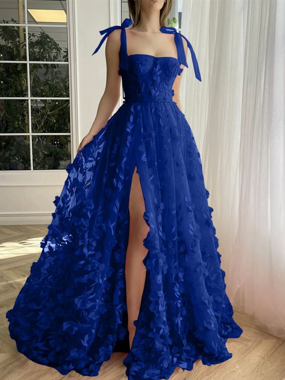 A-Line Princess Blue Straps Long Prom Floral Dresses With Split Side