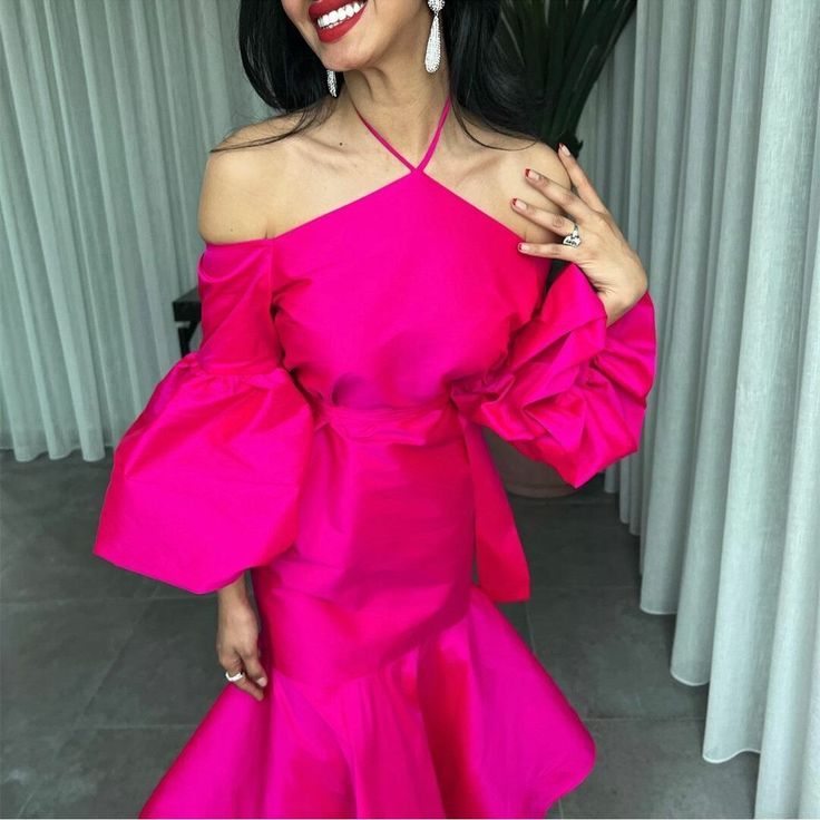 Hot Pink Halter Prom Belt Puff Sleeve Midi Party Dress Elegant Dubai Evening Dresses