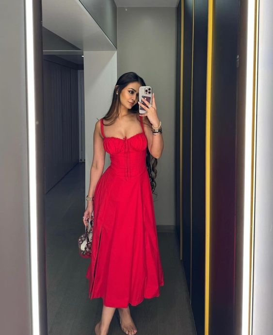 Elegant A Line Midi Dress Sexy Spaghetti Strap Red Holiday Party Dresses