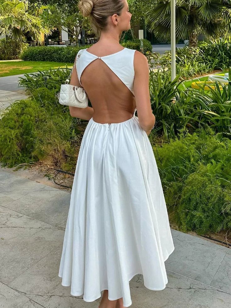 Women's White Backless Long Dress Elegant Sleeveless O-Neck Fashion Party Holiday Dress