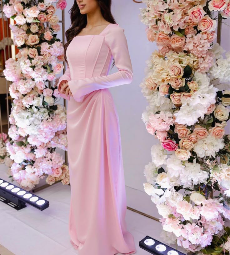 Classy Pink Square Neckline Evening Dress with Long Sleeves