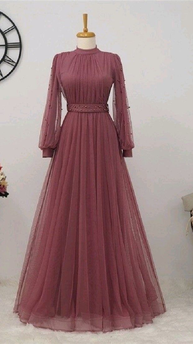 Long Sleeve Prom Dresses, A Line Prom Dresses, Tulle Evening Dresses, Sexy Prom Dresses, Evening Gowns With Pearls