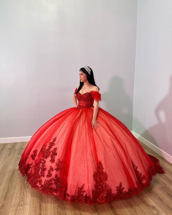 Red Off The Shoulder Ball Gown,Red Sweet 16 Dress,Princess Dress