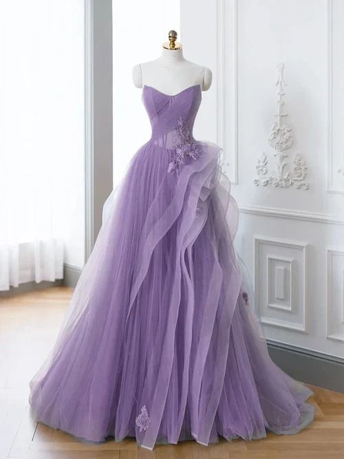 A-Line Purple Evening Dress Long Prom Dress Tulle Lace Prom Dresses
