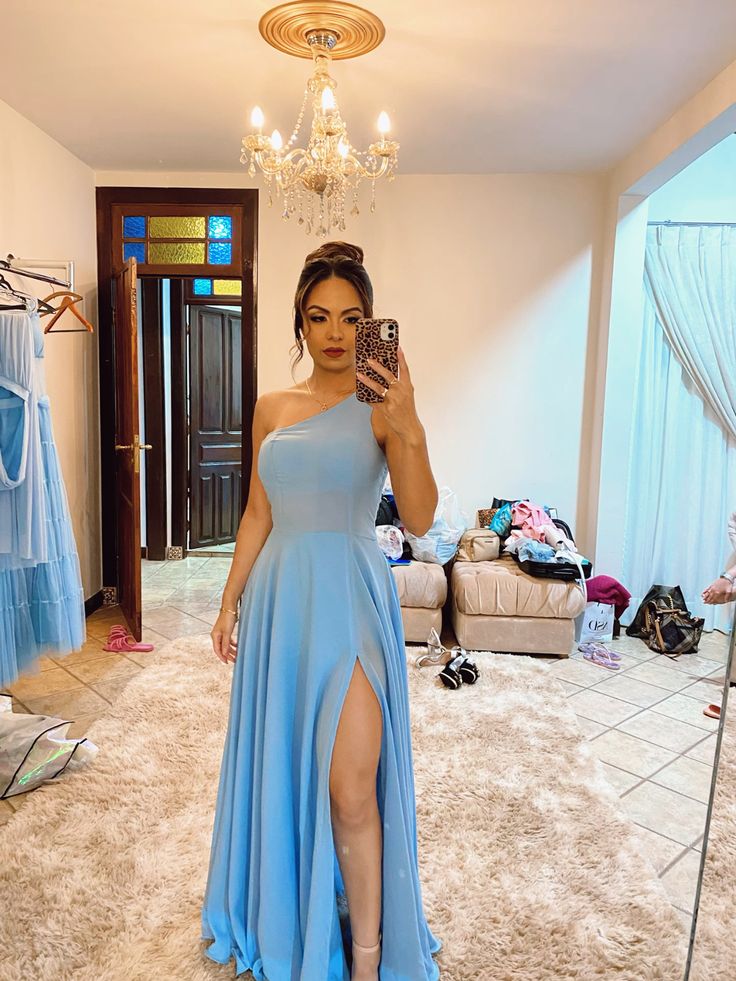 Elegant One Shoulder Blue Prom Dress With Slit,Blue Bridesmaid Dress