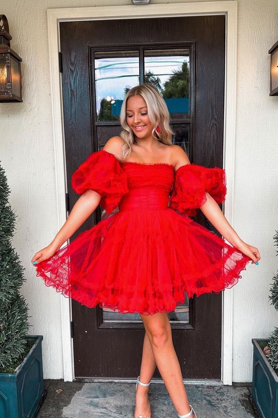 Sweet A Line Red Tulle Short Homecoming Dresses with Detachable Sleeves