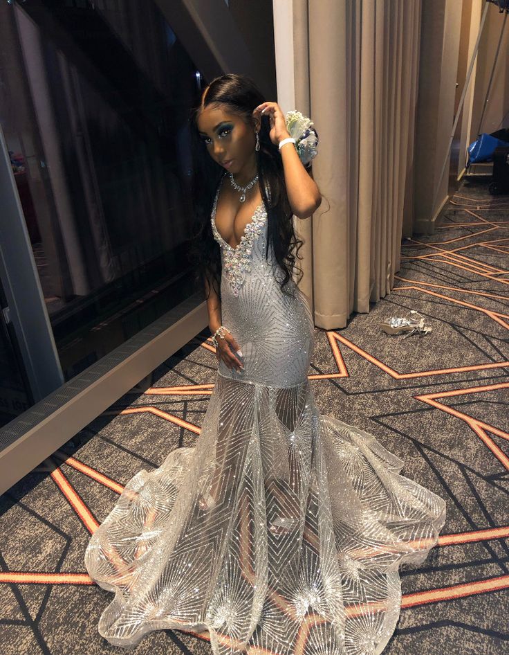 Mermaid Silver Sexy V Neck Prom Party Dress Long Evening Dress