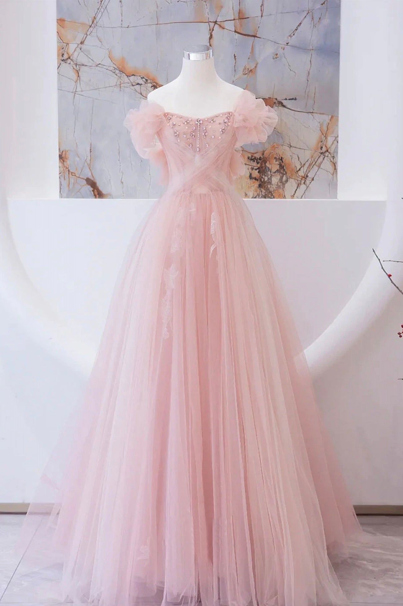 Tulle Beaded Long Prom Dress, A-Line Evening Party Dress