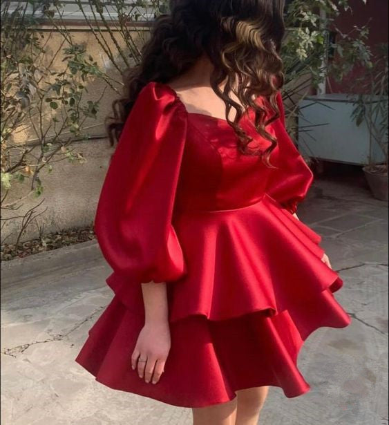 Lovely Red Short Prom Dresses A Line Puff Long Sleeves Tiers Skirt Homecoming Graduation Dress