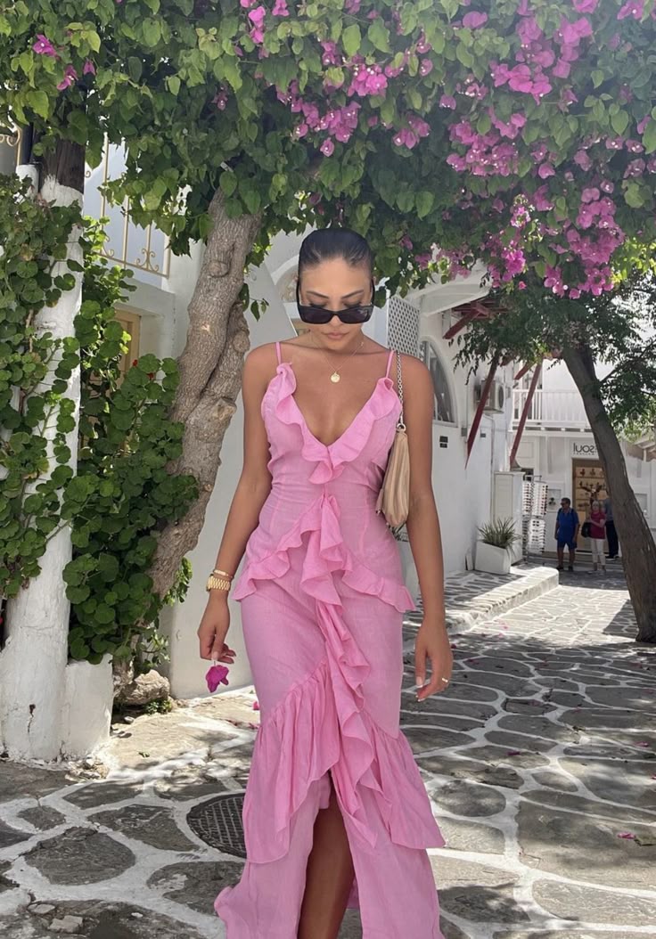 Pink V Neck Prom Dress Evening Party Dresses With Slit