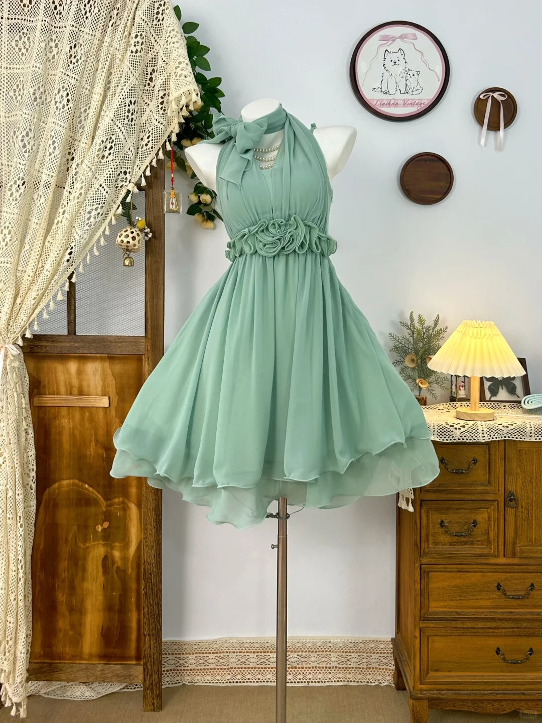 Green Chiffon Vintage Evening Dress Elegant Sleeveless Short Prom Party Dress